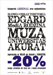 Plakat Promocja księgarnia Arsenał - 20% rabatu w maju